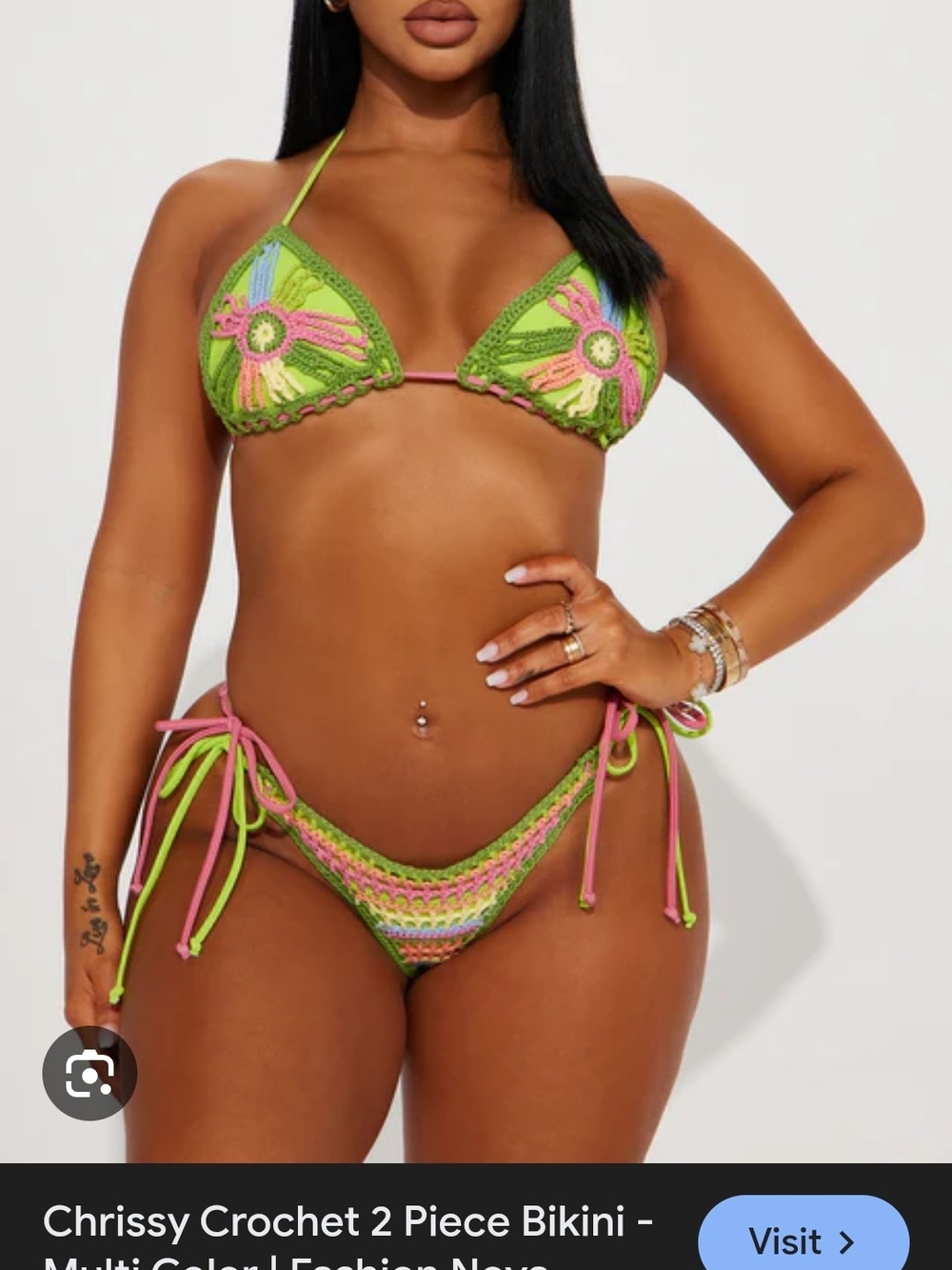 Fashion Nova Green and Pink Crochet Tie Bikini